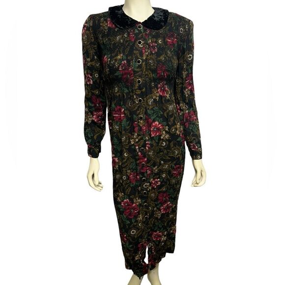 Vintage Dark Floral Button Down Long Sleeve Maxi Dress Collar Flowers Shoulder - Picture 1 of 11
